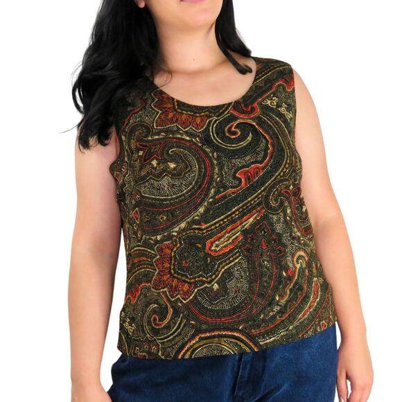 Mirasol 1990s Vintage Brown Paisley Retro Sleeveless Top Blouse Tank Large - Picture 2 of 5